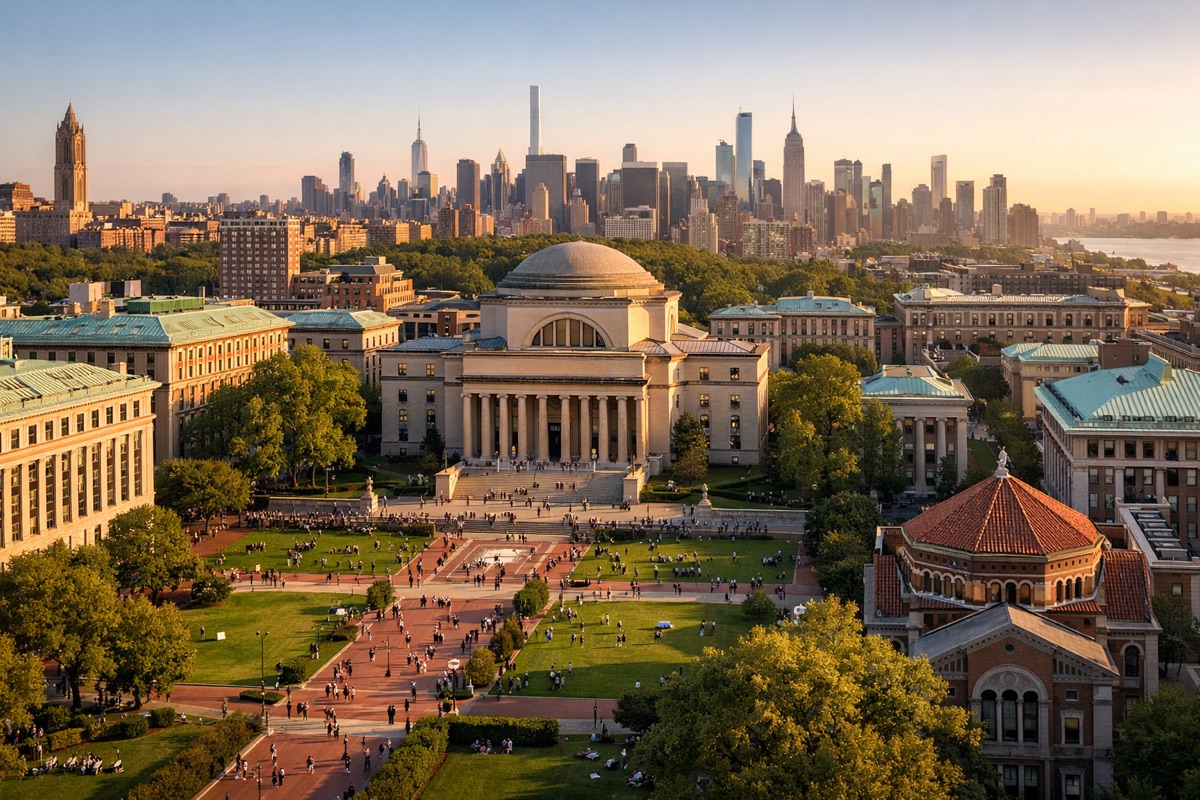 Columbia University campus with Low Library and the Manhattan skyline at sunset